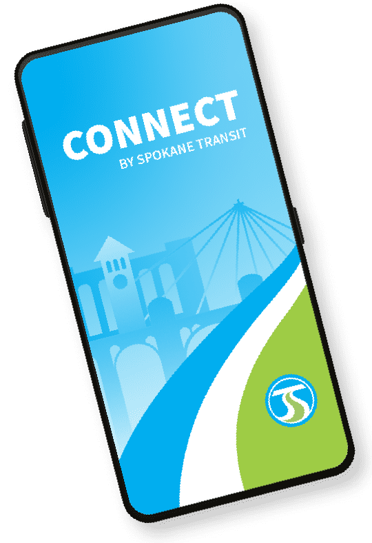 Smartphone screen displaying the "Connect by Spokane Transit" app with a background image of a bridge, blue sky, and a green swoosh at the bottom containing the Spokane Transit logo.