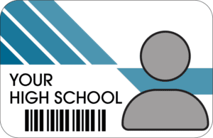 A stylized high school ID card with diagonal blue stripes in the top left corner, the text "YOUR HIGH SCHOOL" below the stripes, a barcode at the bottom, and a gray silhouette representing a person on the right side.