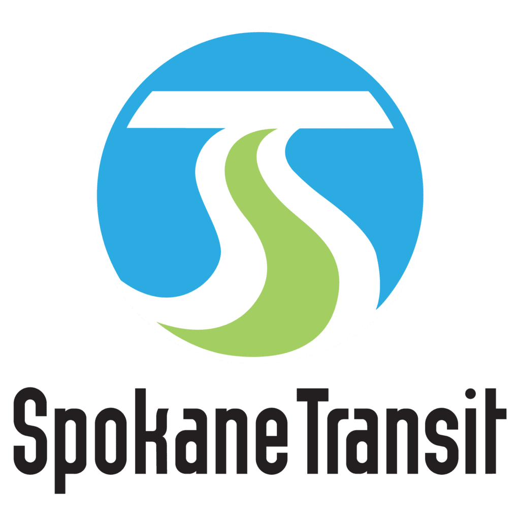 Logo of Spokane Transit with abstract "S" shape in blue and green underlined by "Spokane Transit" text.