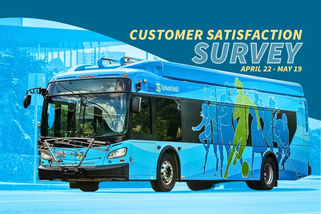 STA bus with athlete graphics beside text about a customer satisfaction survey, April 22–May 19.