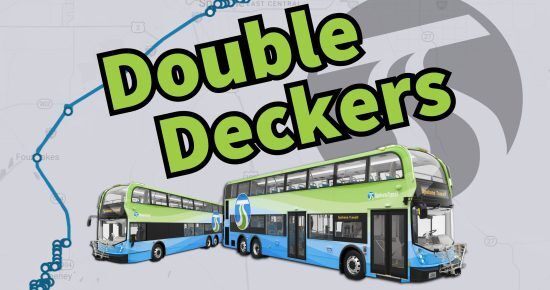 Illustration of two STA green and blue double-decker buses with "Double Deckers" text on a map background.